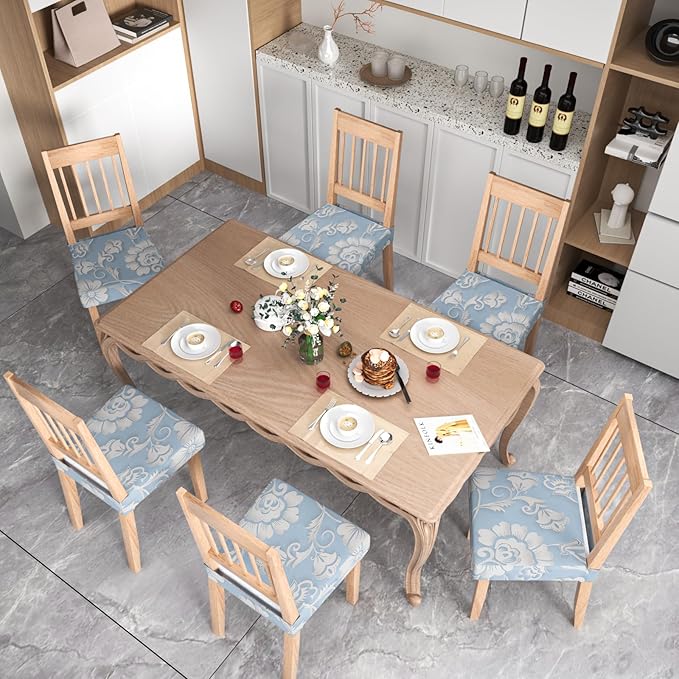 Stretch Dining Chair Seat Covers Set of 6,Dining Chair Slipcovers, Floral Printed Chair Covers,Soft Fabric Washable Upholstered Chair Seat Protector, No Rear Covers for Home Kitchen Dining Room