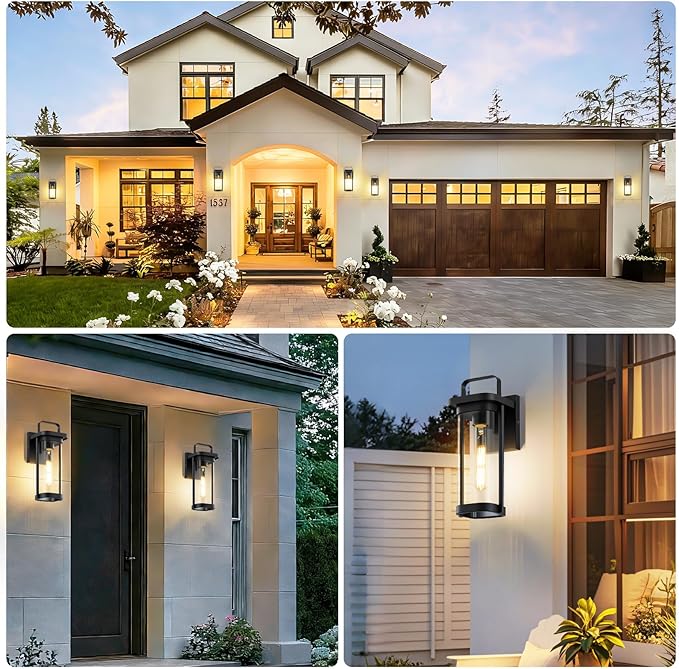 LETRY 2-Pack Outdoor Wall Lights, Porch Lights, Waterproof Outdoor Wall Sconce Lanterns, Exterior Lighting Fixtures Matte Black with Clear Glass Shade for House Patio Garage Doorway Entryway