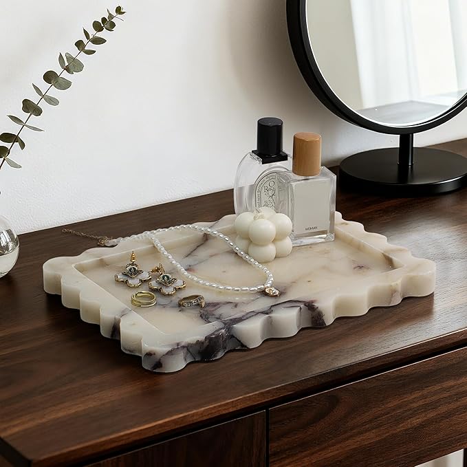 Real Natural Marble Tray, Luxury Scalloped Vanity Decorative Tray, Genuine Calacatta Gold Stone Tray for Bathroom Dresser, Home Decor, Kitchen Storage, Non-Resin/Ceramic, 10.6" x 8"