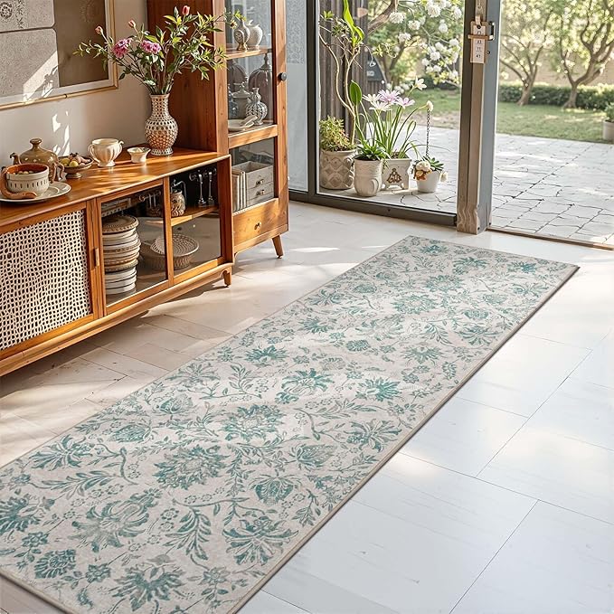 jinchan Torino Runner Rugs 2x6 Vintage-Inspired Floral Design Machine Washable Non-Slip Ultra-Thin Low Pile Rubber Backing Runner Rug for Kitchen Hallway Laundry Room Entryway