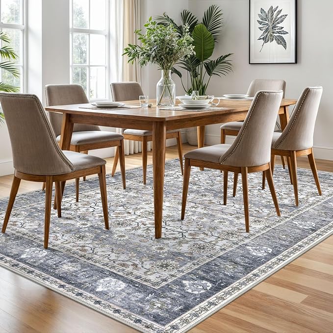 KUTA Vintage Floral Area Rug 6x9 Grey Blue, Washable Rugs for Living Room Non Slip, Ultra Thin Soft Print Distressed Flower Low-Pile Traditional Farmhouse Carpet for Bedroom Dining Room Dorm Office