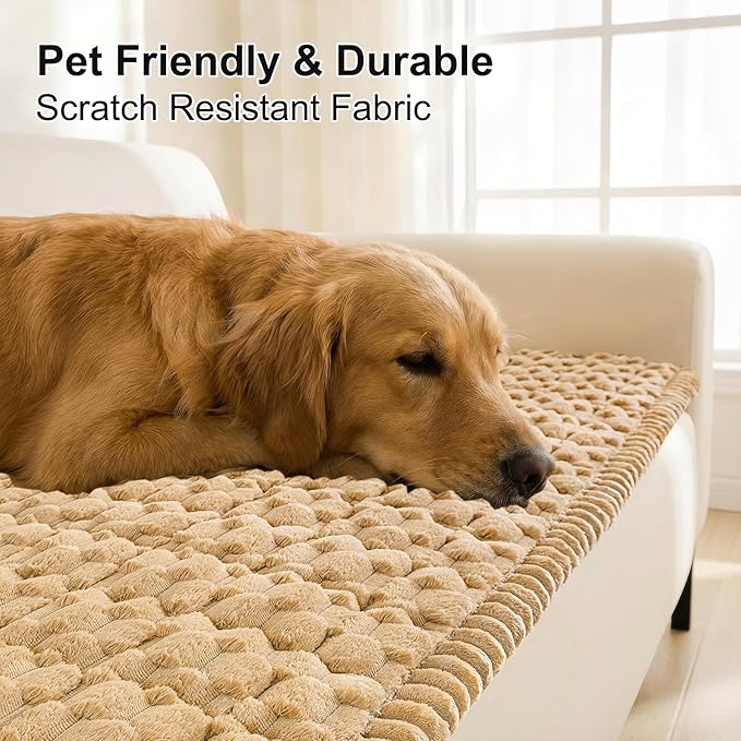 Smiry Pet Couch Cover for 3 Cushion Sofa, Non-Slip Fuzzy Couch Cover for Dogs Washable, Thick Soft Sofa Slipcovers Cushion Protector Pet Friendly (Camel, 27.6" x 82.7")