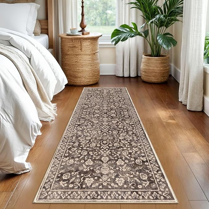 Vintage Washable Runner Rug 2x6, Rust Brown Red Runners for hallways, Super Soft Kitchen Runner Rug Non Slip, Printed Faux Wool Floral Thin Carpet Runner for Entryway Laundry Room Bedroom