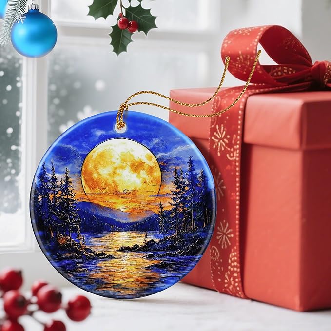 Christmas Ornaments, Dodosky 2.8in Ceramic Ornament, Xmas Decor, Christmas Tree Ornaments, Xmas Decorations for Tree, Holiday Ornament, Gift Ideas, Gifts for Women Men - Full Moon Over Forest Lake