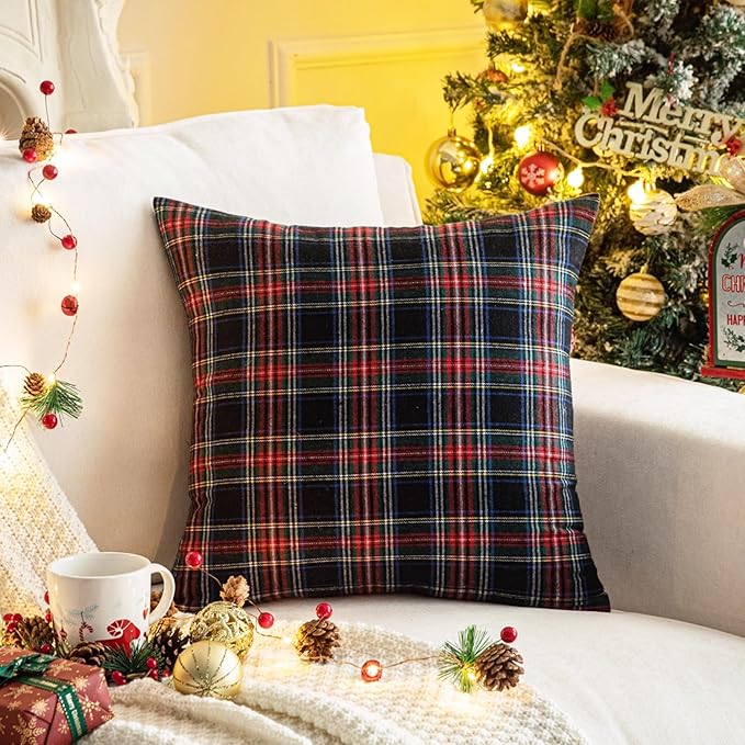 AQOTHES Pack of 2 Christmas Plaid Decorative Throw Pillow Covers Scottish Tartan Cushion Case for Farmhouse Home Holiday Decor Red and Black, 18 x 18 Inches