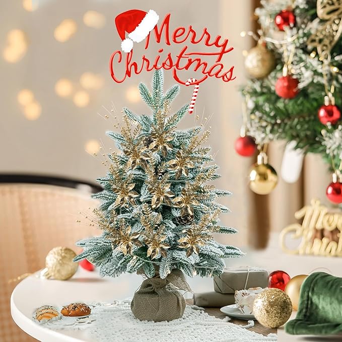 Artificial Glitter Berry Stem Ornaments, 18 Pack 17.5 Inch Gold Fake Christmas Picks Decorations with Poinsettia Christmas Flowers, Bead Sticks for Christmas Tree Wedding Small Vase Wreath Decor