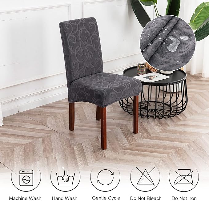 Genina Waterproof Dining Room Chair Covers Stretch Parsons Chair Slipcovers for Dining Room Kitchen Chair Protector Cover, Removable, Washable (4, Flower Pattern-Dark Gray)