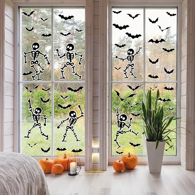 Halloween Wall Decals and Skeleton Window Clings - 6 Sheets 43 Pcs Removable Black Ghost Bat Wall Stickers for Mirrors, Windows, Home Bedroom Party Decor