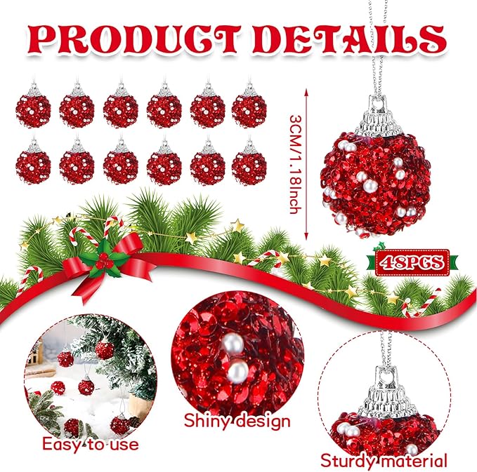 Liliful 48 Pcs 1.18 Inch Mini Christmas Ball Ornaments Christmas Tree Ornament Glitter Sequin Foam Ball Ornaments Xmas Hanging Decoration for New Year Holiday Wedding(Red)