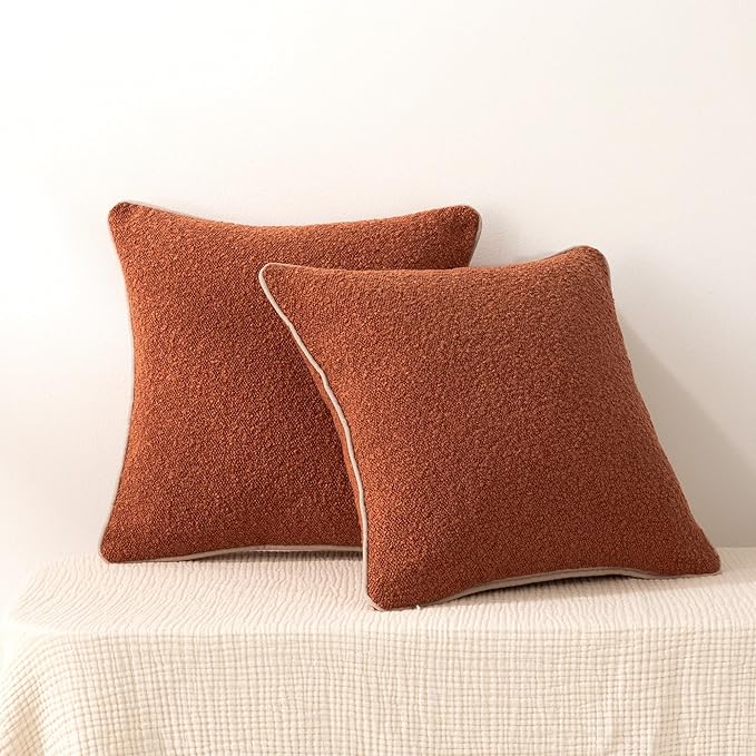Amazon Basics Boucle Throw Pillow Covers for Couch, Living Room, Home Decor with Hidden Zipper, Brown, 26×26in, Pack of 2