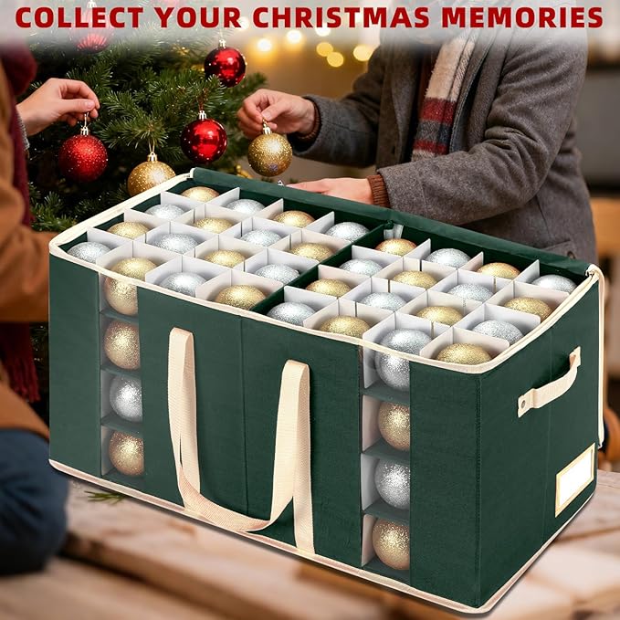 JY COOKMENT Christmas Ornament Storage Box with Adjustable Dividers and Side Pockets, Large Ornaments Storage Container Bin with Zippered Top for Xmas Decorations (128-3" Balls, Green, Without Tray)