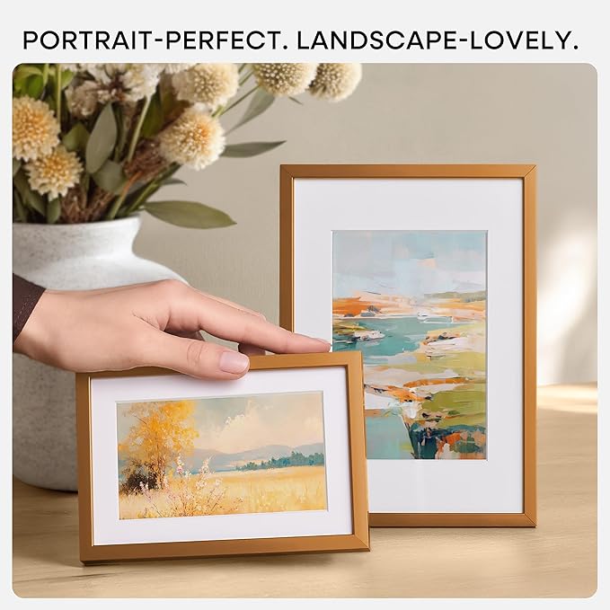 Homeforia 8x12 Picture Frame Bronze, High End Metal 8 x 12 Brass Frames with Mat 6 by 8 for Photo, 12x8 Frame Matted to 6x8 inch Print, 8by12 Wall or Tabletop Frame, Tempered Glass, Wall Kit, Set of 2