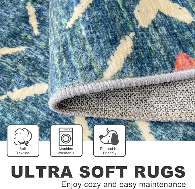 KILOCOCO Hallway Runner Rug 3x8 Runners for Hallways Washable Runner Soft Non Slip Printed Geometric Rubber Backed Low-Pile Rug Runners for Bedroom Kitchen Living Room Boho Rugs, Teal/Blue