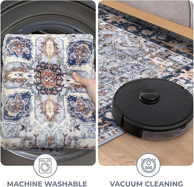 KOZYFLY Small Area Rug 2x3 Ft Rugs for Entryway Washable Boho Entry Rug Non Slip Door Mat Indoor Entrance Faux Wool Vintage Printed Kitchen Rug Throw Rugs for Entrance Kitchen, Blue Gray/Cream