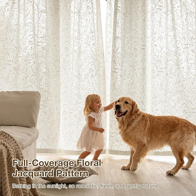 Anmao Beige Semi Sheer Light Filtering Curtains 84 Inches Long 2 Panels, Leaf Pattern Drapes for Living Room Bedroom, Rod Pocket Sheer Window Treatments with Floral Design, 52x84 Inch
