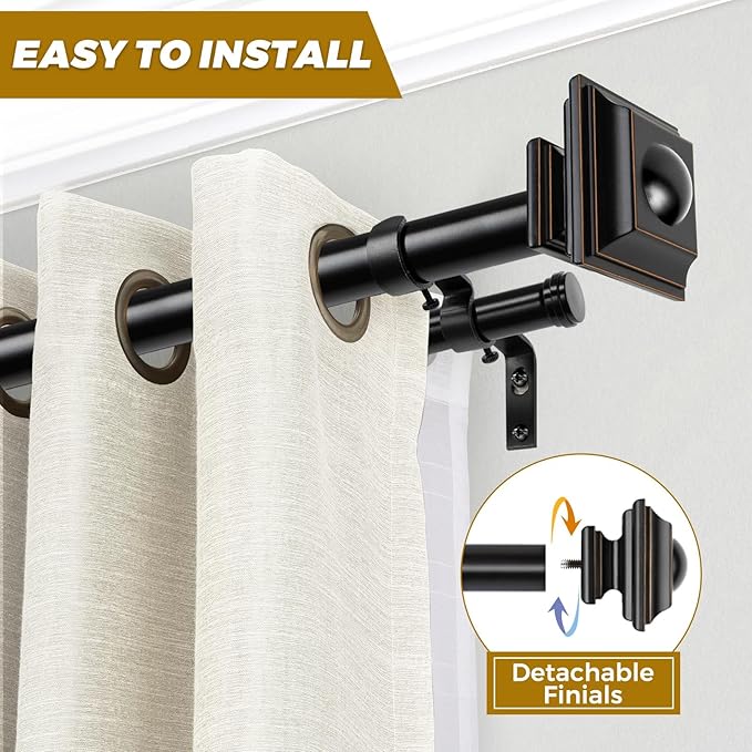 KAMANINA 1 Inch Double Curtain Rod 72 to 144 Inches (6-12 Feet) Telescoping Black Curtain Rods for Windows 69 to 140 Inches, Heavy Duty Drapery Rods with Square Finials