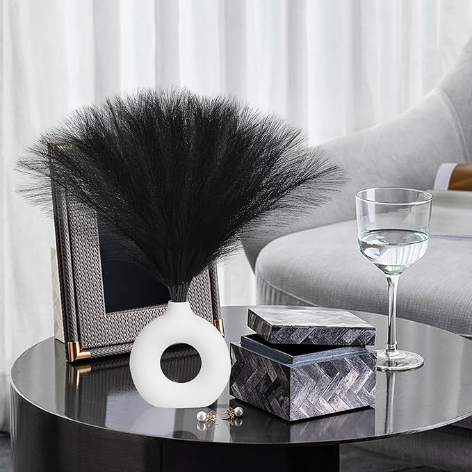 Faux Pampas Grass Decor 17.7 Inch 30pcs, Artificial Pampas Grass Fluffy Home Decor, Short Vase Room Decor pompous Grass Flower Arrangement for Boho Home Wedding Decoration (Black)