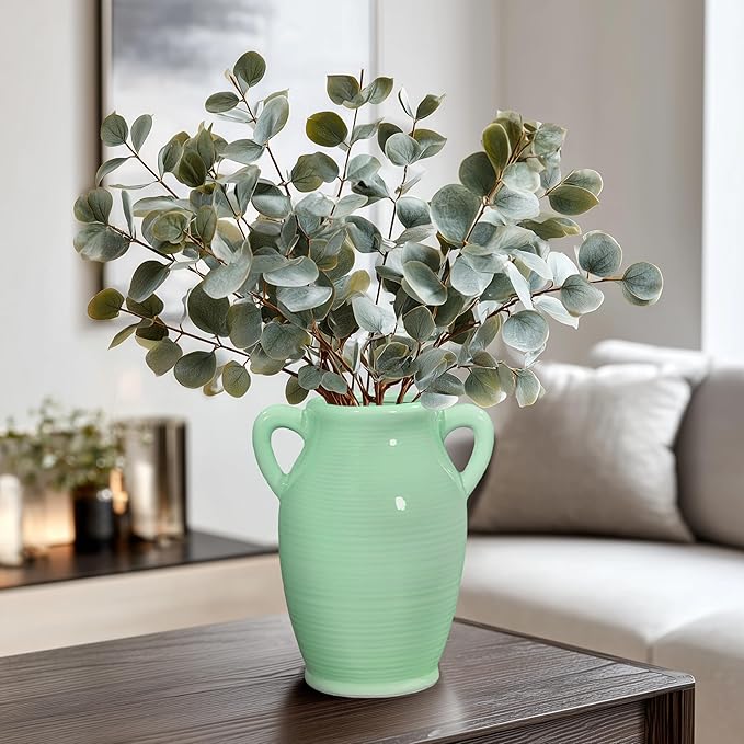 Sunddo Green Ceramic Flower Vase for Home Decor - 8 Inch Modern Decorative Vase with 2 Handles, Centerpieces, Kitchen, Dining Table, Bathroom, Shelf and Living Room