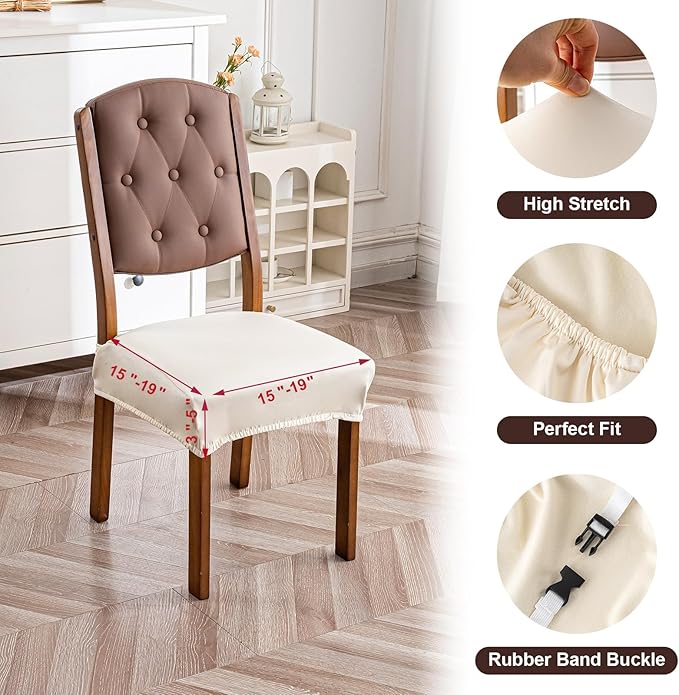 Waterproof Seat Covers for Dining Room Chairs Set of 6 - PU Leather Removable Washable Chair Seat Slipcovers, Rear Covers (Beige)