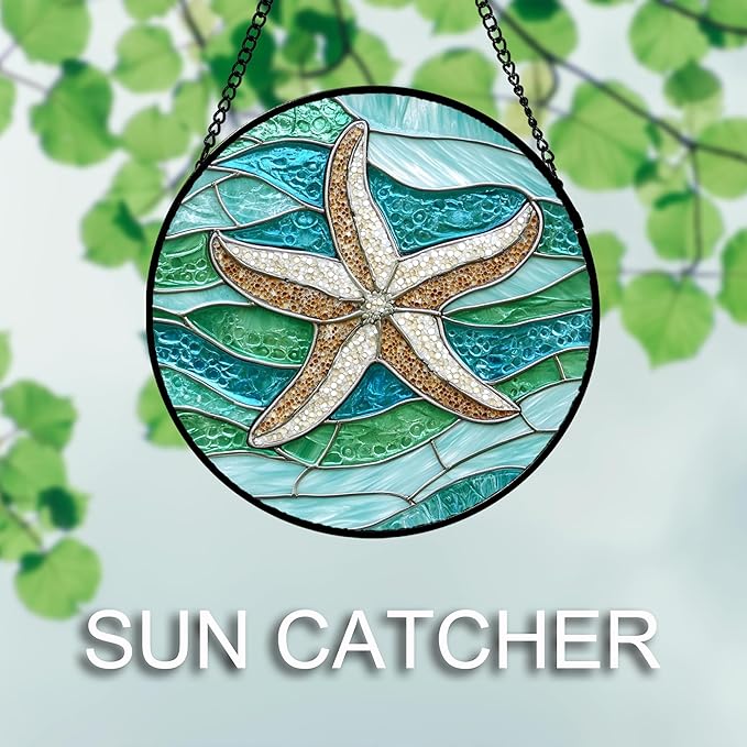 Stained Glass Window Hanging Teal Sea Waves Starfish 7.8" - Suncatcher Door Garden Sun Catcher Home Decor Birthday Mother's Day for Mom Men Woman Parents Her Child Nana