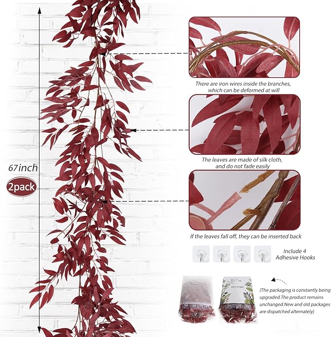RECUTMS Artificial Hanging Willow Leaves Vine Twigs 2Pcs 5.7Ft Fake Silk Burgundy Leaf Ivy Fall Garland Faux Greenery Indoor Outdoor Valentines Day Wedding Birthday Christmas Thanksgiving Party Decor