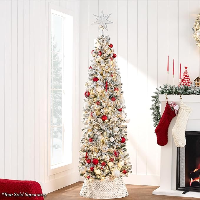 Best Choice Products 36in Christmas Tree Collar, Woven Hyacinth 3-Piece Holiday Rattan Tree Skirt Accessory for Home w/Cord Cut-Out - Transparent White