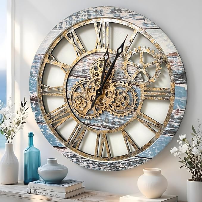 ImprovingLife The Gears Clock The Original Real Moving Gear Wall Clock Vintage Industrial Oversized Rustic Farmhouse (24 inch (60cm), Vintage Aqua Green and Bronze)