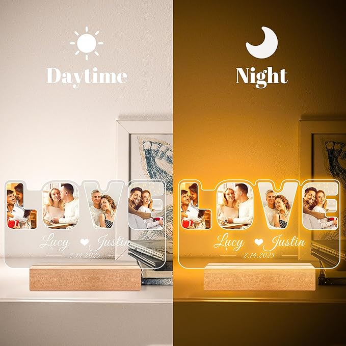 Custom Picture Frames with Photo, Personalized Photo Frame with Night Light, Customized Picture Frame, Personalized Christmas Anniversary Couples Gifts for Women Men Her Him Girlfriend Boyfriend