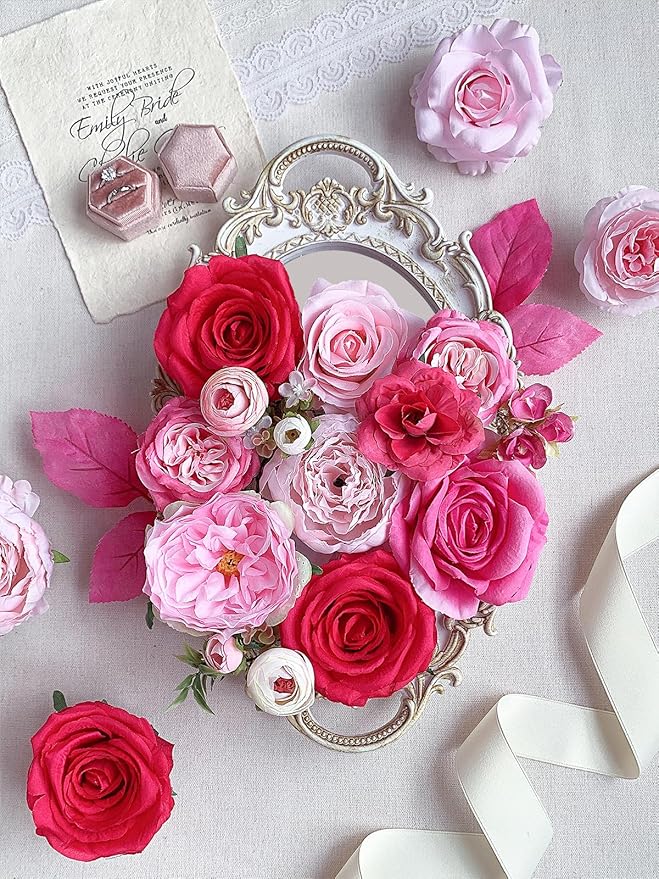 Roses Artificial Flowers Pink Fake Flower Bulk for DIY Wedding Bouquets Bridal Baby Shower Decorations Table Centerpiece Silk Faux Floral Arrangements for Party Home Decor Indoor Fuchsia