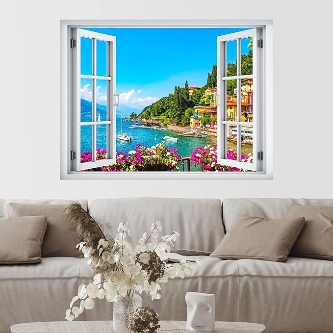 SIGNWIN Removable Wall Sticker/Wall Mural Window View Italian Amalfi Coast Cityscape Nature Wilderness Photography Decorative Landscape Digital Art for Living Room, Bedroom, Office - 24"x32"
