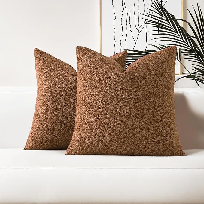 HAUSSY Set of 2 18x18 Decorative Throw Pillow Covers, Soft Cozy Textured Boucle Couch Cases, Home Decor for Couch Bed Living Room, Tobacco