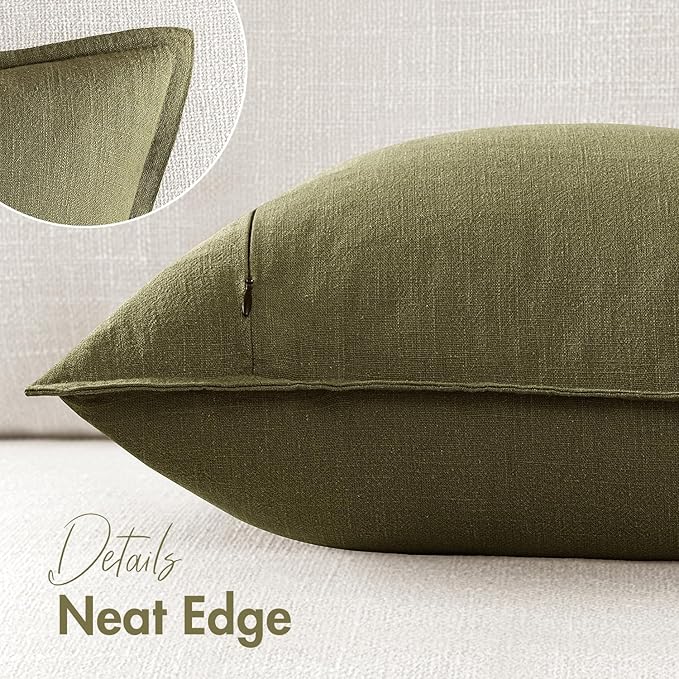 Woaboy 18x18 Inch Set of 2 Decorative Linen Solid Throw Pillow Covers Boho Accent Farmhouse Christmas Pillowcases Modern Netural Home Decor for Couch Sofa Living Room Bed,Olive Green
