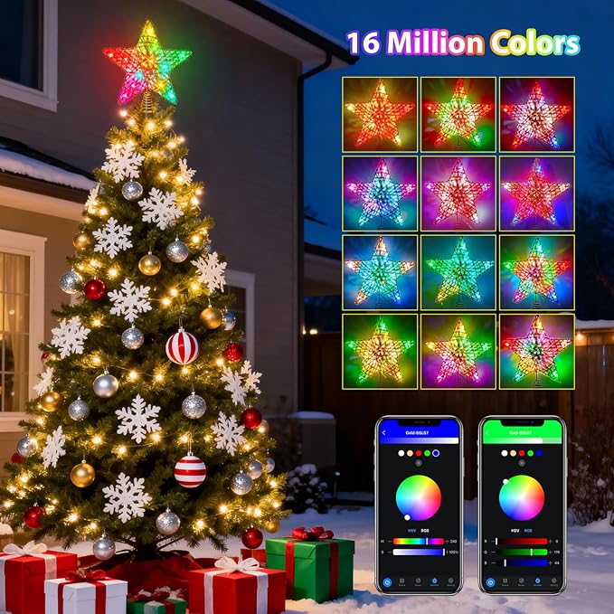 Christmas Tree Star Topper, LED Tree Decorations, UL Certified Colorful Star Tree Topper Lights for Home Garden USB Plug in Xmas Tree New Year Holiday, APP and Remote Control, DIY Dimmer(Gold)