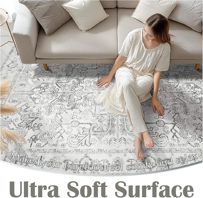 jinchan Lima Hallway Runner Rug 2x8 Washable - Vintage Floral Non Slip Low-Pile Soft Ultra-Thin Faux Wool Kitchen Rug Distressed Carpet Runner for Farmhouse Bedroom Laundry (2x8ft, Grey)