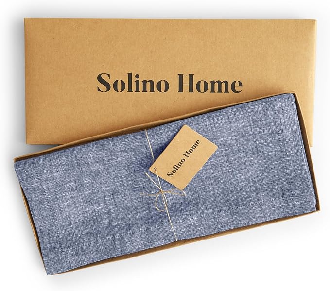 Solino Home Linen Chambray Indigo Table Runner 132 Inches Long - Athena, 100% Pure Linen Dining Table Runner 14 x 132 Inch for Spring, Easter