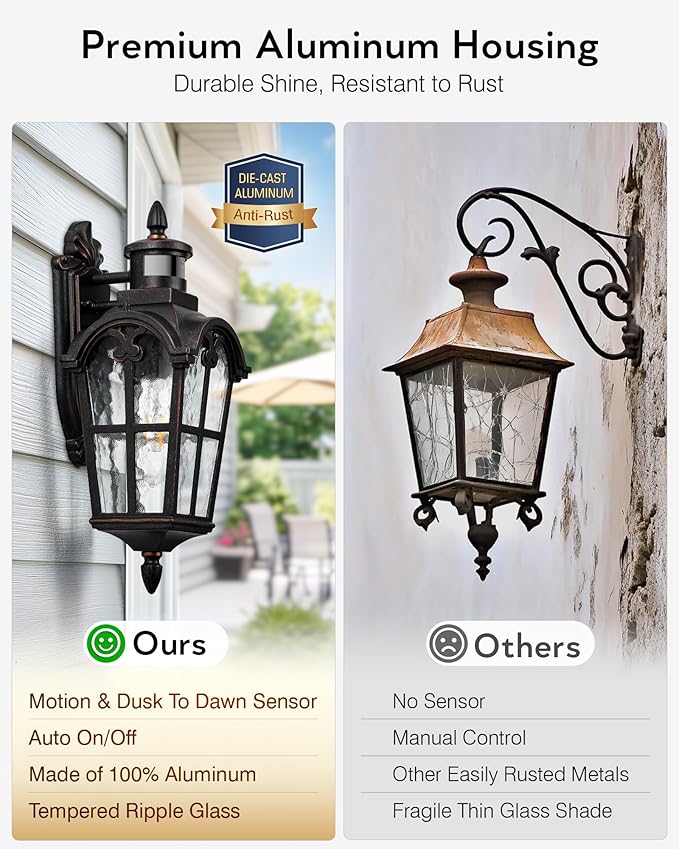 VIANIS Outdoor Motion Sensor Light, Oil Rubbed Bronze Porch Lights Outside Lantern, 16.4" H Dusk to Dawn Outdoor Lighting, 100% Aluminum Exterior Lighting Fixtures for House, Garden, Patio