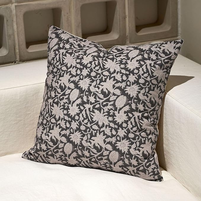 Amor Virisso Floral Throw Pillow Covers 24x24 Couch Pillows for Living Room Bed Block Print Decorative Accent Throw Pillow Covers Farmhouse Neutral Pillow Covers Sofa Pillows 1PC, Black