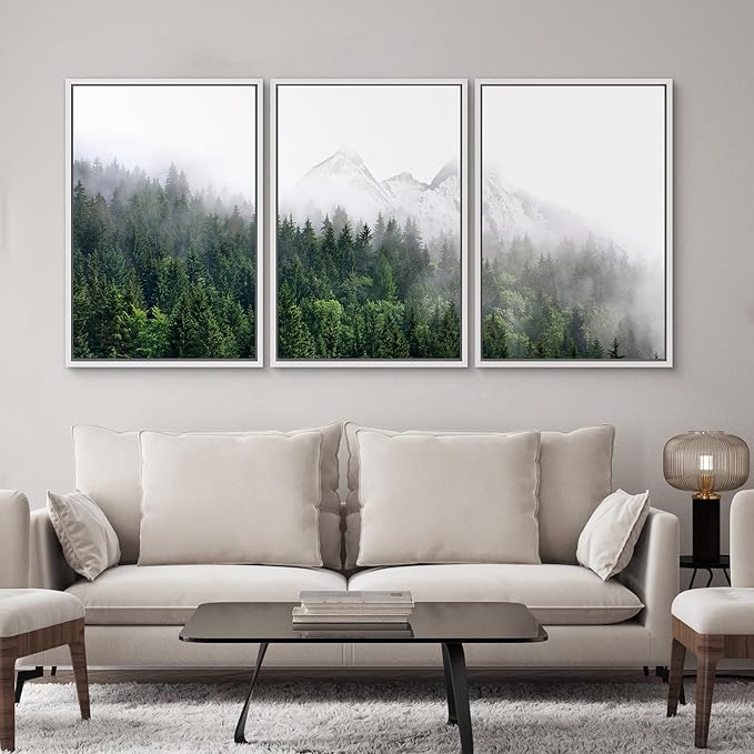 SIGNWIN Framed Canvas Print Wall Art Set Winter Mountain Misty Forest View Nature Wilderness Photography Modern Art Rustic Landscape Relax/Calm for Living Room, Bedroom, Office - 24"x36"x3 White