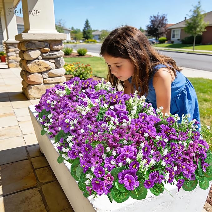 16 Bundles Artificial Flowers for Outdoors, UV Resistant Silk Faux Flowers for Outside Planters,Garden,Porch,Patio,Yard,Home Decor(Purple)