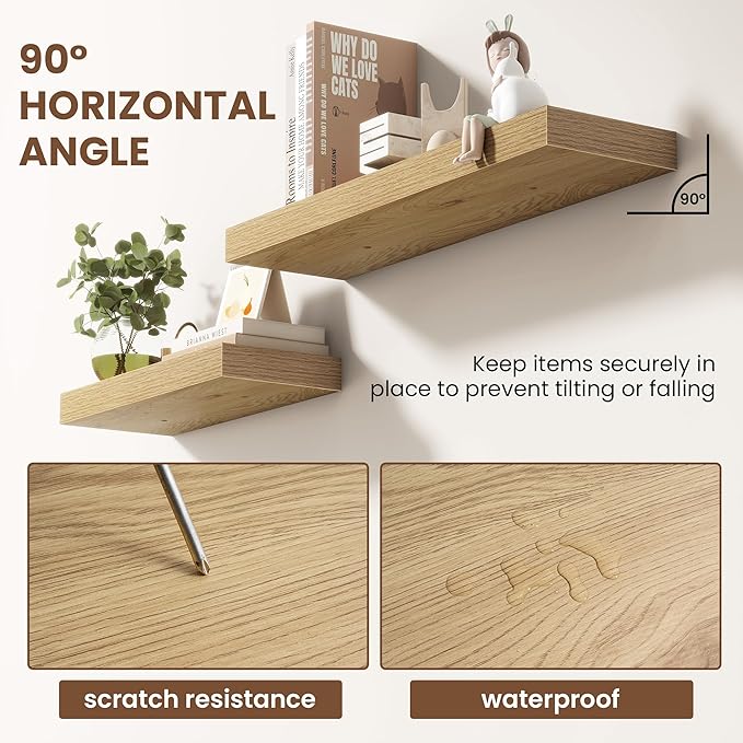 48 Inch Floating Shelves for Wall 2 Pack, 48" Wall Shelves for Books, Storage, Decor, Wall Mounted Floating Shelf with Invisible Brackets for Kitchen, Living Room, Oak