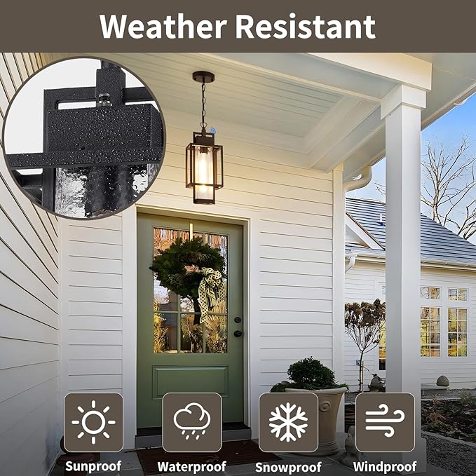 Outdoor Pendant Light Fixture, 16" Dusk to Dawn Exterior Chandelier Porch Hanging Light with Bubble Glass, Moder Black Outside Hanging Lantern for Porch Gazebo, OS-KY1005
