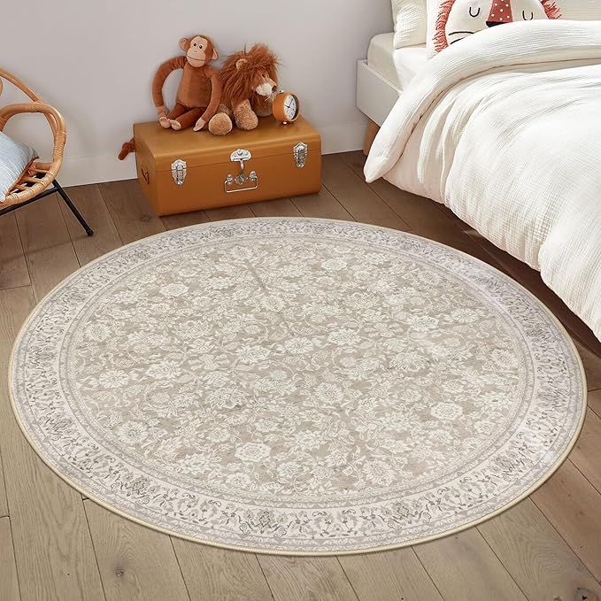 5' Round Rug Washable Rug for Entryway, Cream Beige White Grey Soft Non-Slip Area Rugs Distressed Floral Low-Pile Carpet, Neutral Vintage Circle Rugs for Living Room Dining Bedroom Foyer