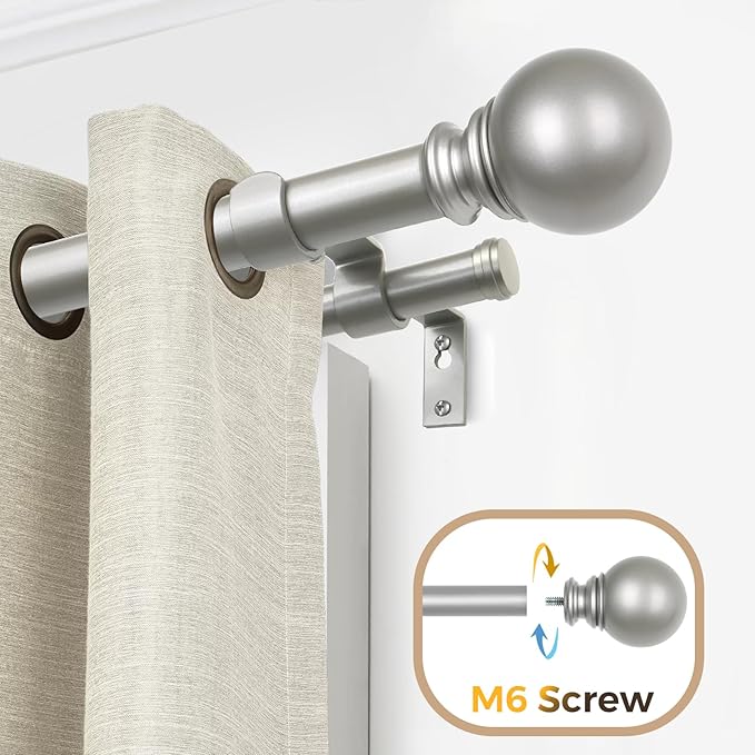 KAMANINA Silver Double Curtain Rods for Windows 66 to 120 Inches (5.5-10 Feet), 1 Inch Adjustable Heavy Duty Drapery Rod, Telescoping Dual Curtain Rod with Round Finials