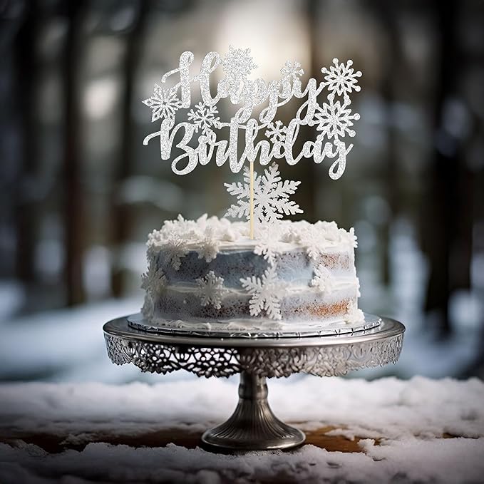 Gyufise 1 Pack Snowflake Happy Birthday Cake Topper Glitter Winter Wonderland Cake Pick Winter Frozen Theme Cake Decorations Birthday Theme Party Christmas Baby Shower Decoration Supplies White