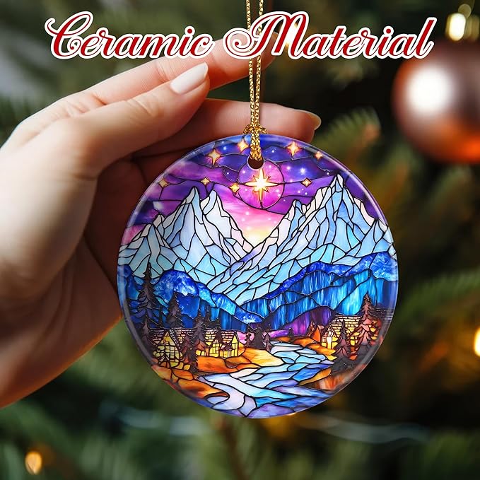 Christmas Ornaments, 2.8 Inch Ceramic Hanging Ornament, Christmas Tree Ornaments, Xmas Decorations, Holiday Decorations, Holiday Party Gifts, and Xmas Gift Ideas - Snow-Village Night
