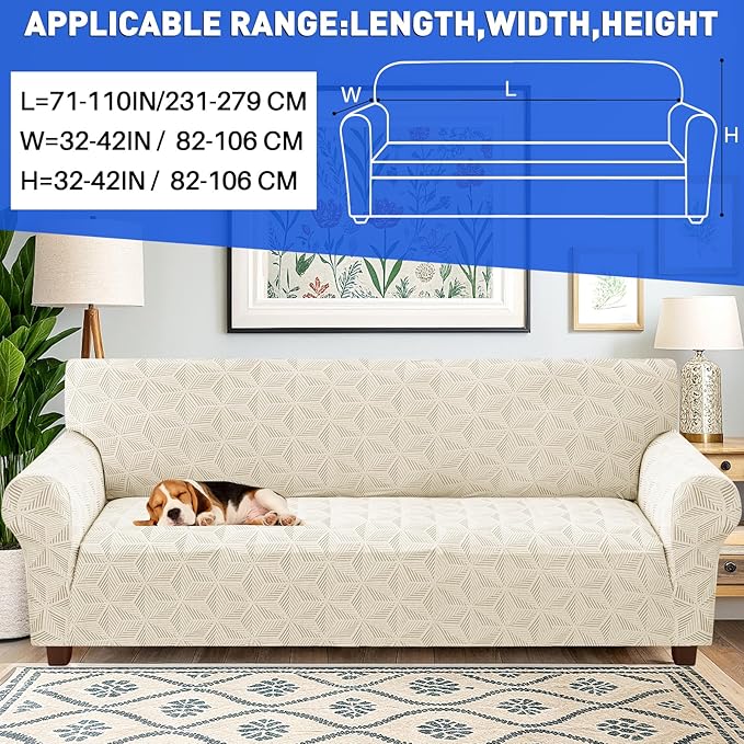 YEMYHOM 1 Piece Stretch Oversized Couch Covers for 4 Seat, Jacquard Extra Large Sofa Cover with Non-Slip Elastic Bottom, Thickened Slipcover Furniture Protector for Dogs Pets (X-Large, Beige）