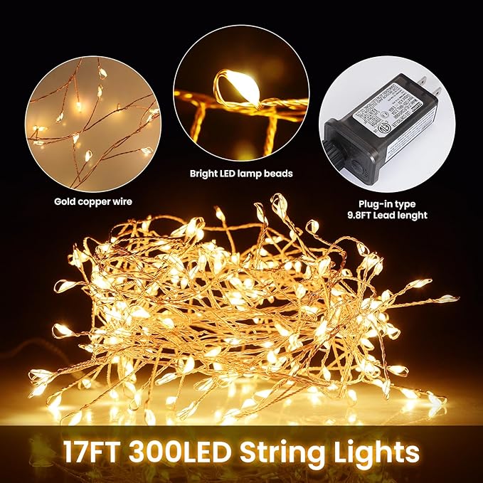 Dailyart 300 LED Fairy Lights with Remote, Warm White, 8 Modes, Plug in, Waterproof, Christmas Decoration, 10ft