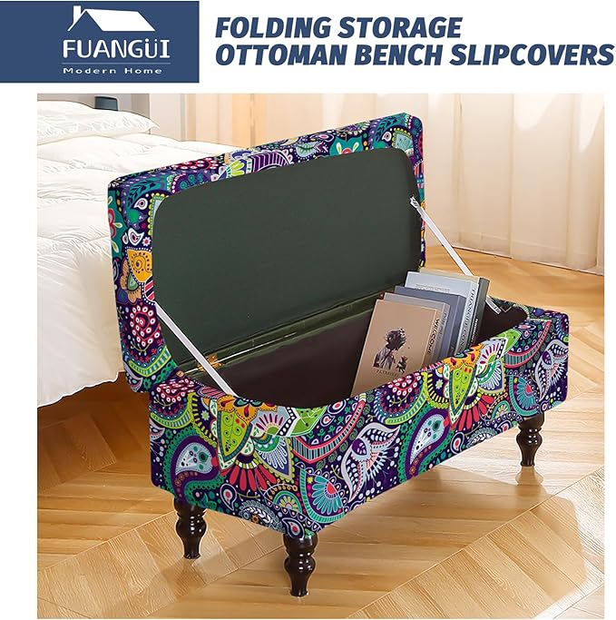 FUANGUI Ottoman Cover Stretch Storage Ottoman Bench Slipcover Jacquard Folding Storage Bench Ottoman Cover Footrest Stool Slipcover Footstool Protector Cover with Elastic Bottom Fit Length,Large