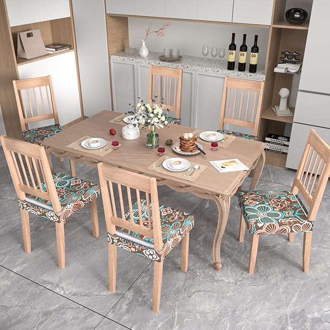 Stretch Dining Chair Seat Covers Set of 4,Dining Chair Slipcovers, Floral Printed Chair Covers,Soft Fabric Washable Upholstered Chair Seat Protector, No Rear Covers for Home Kitchen Dining Room
