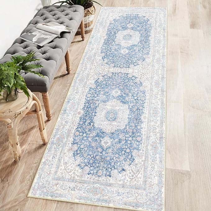 Washable Runner Rug 2x6,Blue Rug Runners Non Slip,Long Boho Rugs for Hallways Kitchen Bedroom Entryway Living Room Bathroom,Vintage Bohemian Distressed Floor Carpet,Floral